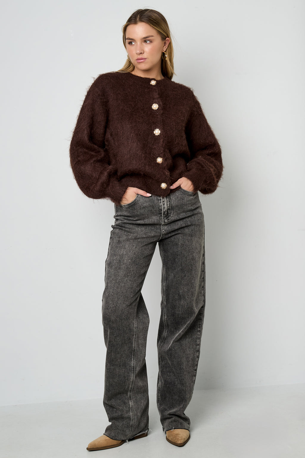 Knitted Polyester Fiber Women's Knit Cardigan Casual Solid Color