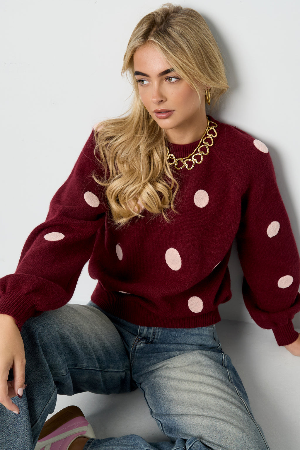 Knitted Polyester Fiber Women's Knit Sweaters Casual Polka Dots