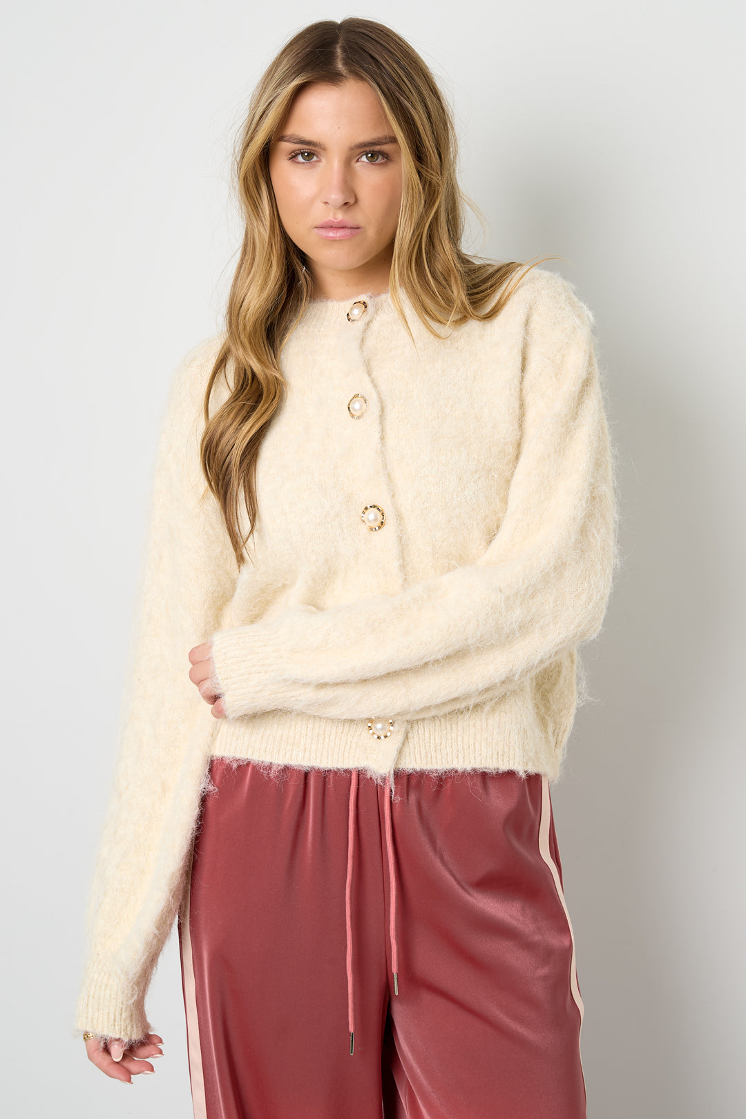 Knitted Polyester Fiber Women's Knit Cardigan Casual Solid Color
