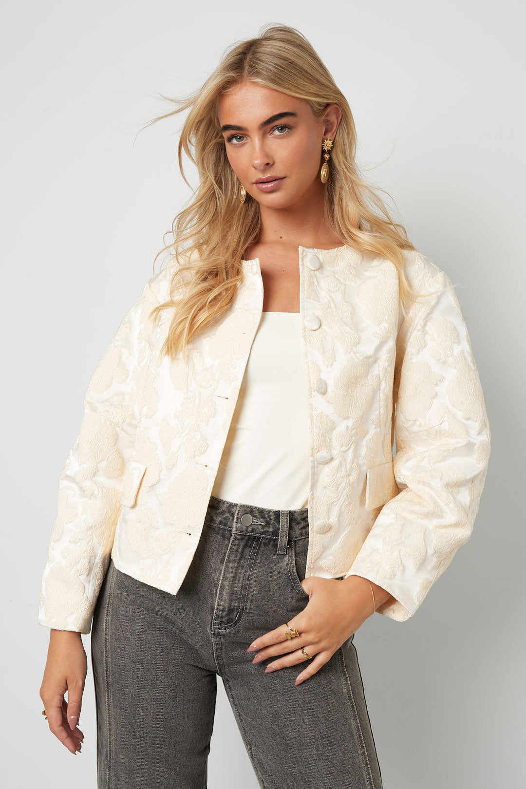 Woven Polyester Fiber Women's Jacket Elegant Floral Print Fall/Winter