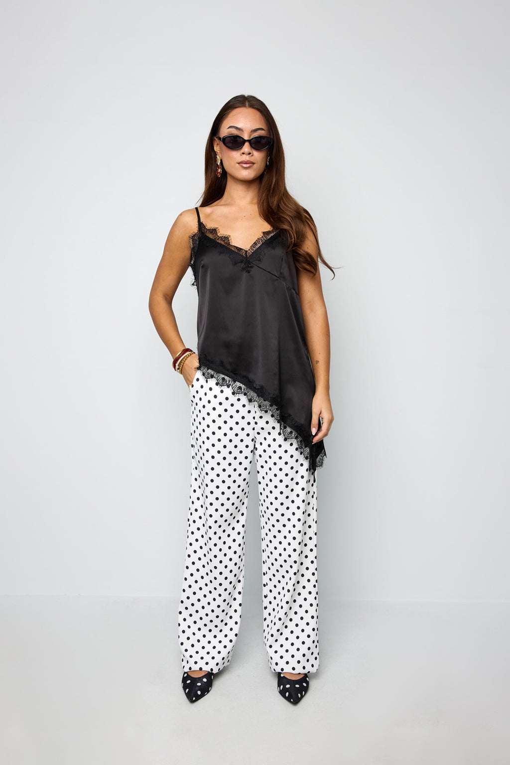 Woven Polyester Fiber Women's Straight Pants Elegant Polka Dots